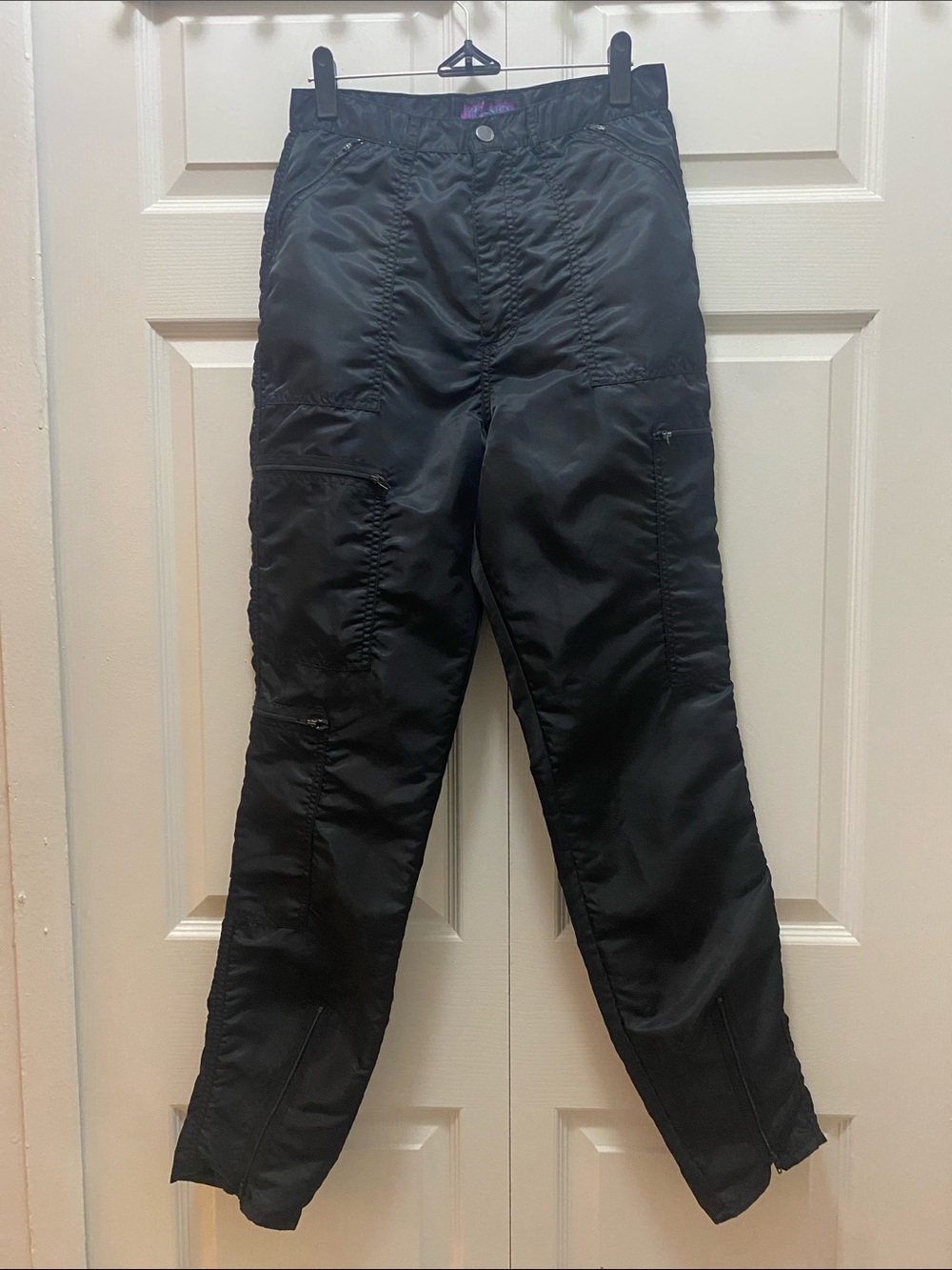 VTG 80s YU-NO Bugle Boy Nylon Parachute Pants Black Multi Zip Cargo Moto 11/12